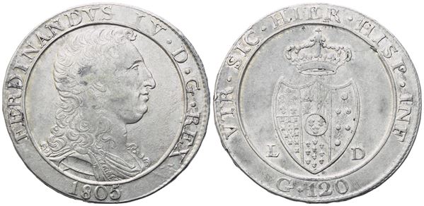 NAPOLI. Regno di Napoli. Ferdinando IV di Borbone (1759-1816). Piastra 1805; Ag (27,46 g; 38,2 mm)