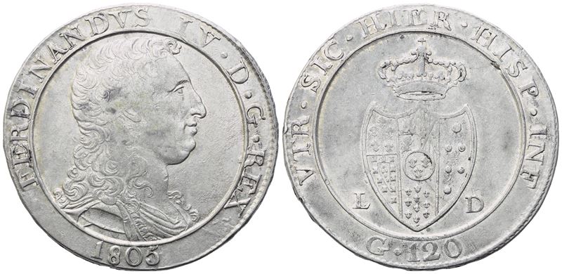NAPOLI. Regno di Napoli. Ferdinando IV di Borbone (1759-1816). Piastra 1805; Ag (27,46 g; 38,2 mm...