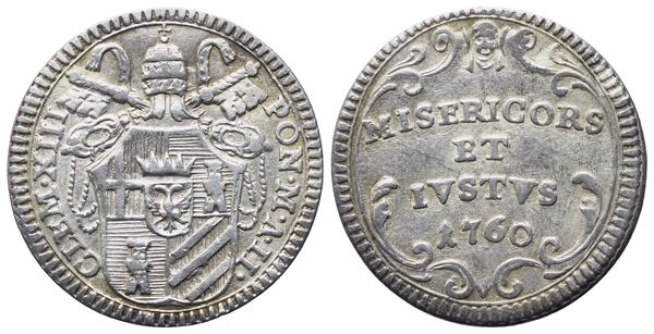 STATO PONTIFICIO. Roma. Clemente XIII (1758-1769). Grosso 1760 – Anno II; Ag (1,25 g; 18,3 mm)