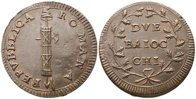 Repubblica Romana, 2 baiocchi (1798-1799), fascio littorio con scure e pileo
