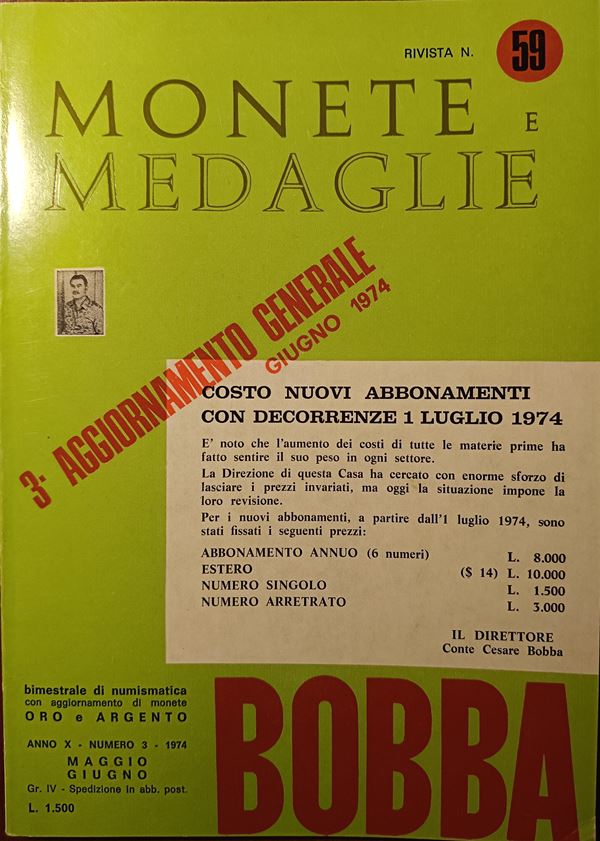 Rivista BOBBA – Anno X, 1974, Rivista n. 59 - Maggio-Giugno. Asti, 1974. pp. 118-174+xxxviii, ill. in testo - Contiene: Le monete della zecca di Casale (Carlo I Gonzaga Nevers (1627-1637) - Biglietti della Banca d'Italia dal 1946