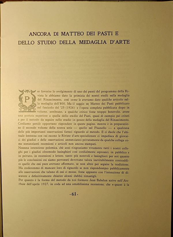 CALABI A. – CORNAGGIA. – Ancora di Matteo dei Pasti e dello studio della medaglia d’Arte. Milano, 1927. pp. 61-66