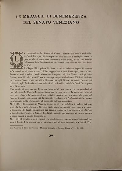 Majer G. – le Medaglie di Benemerenza del Senato Veneziano. Milano, 1927. Pp. 27, 8 Tavv. B/n Rar...