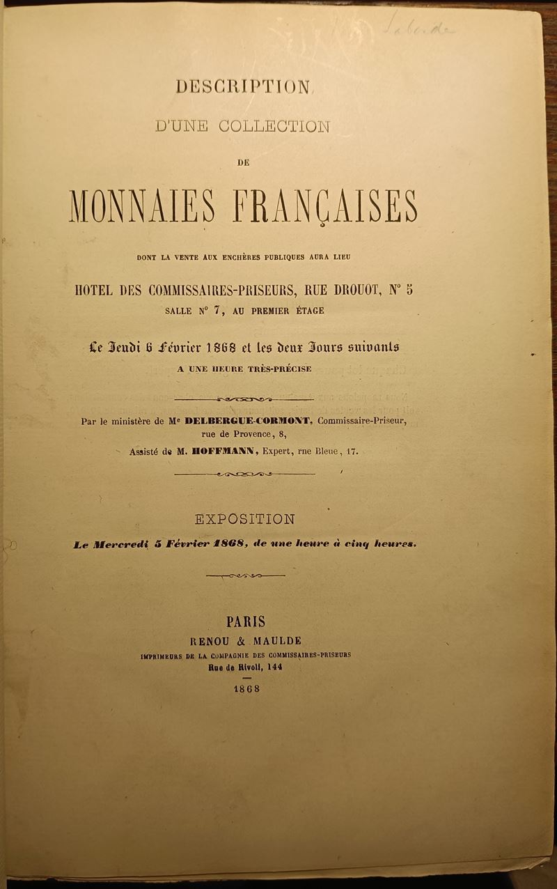 Delbergue-cormont – 6 Fevrier 1868, Description D'une Collection De Monnaies Françaises, Collecti...