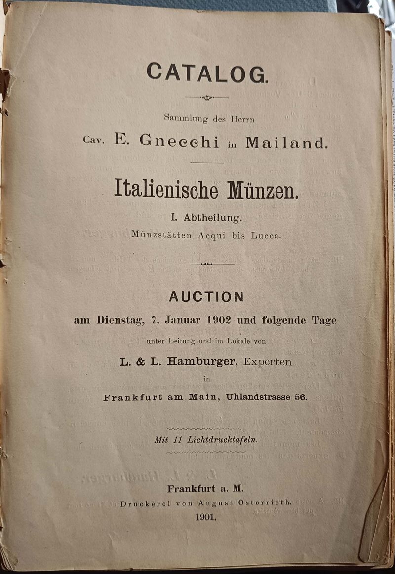 Hamburger L. & L. - Francoforte, 1902-1903. Catalog - Sammlung Des Herrn Cav. E. Gnecchi in Maila...