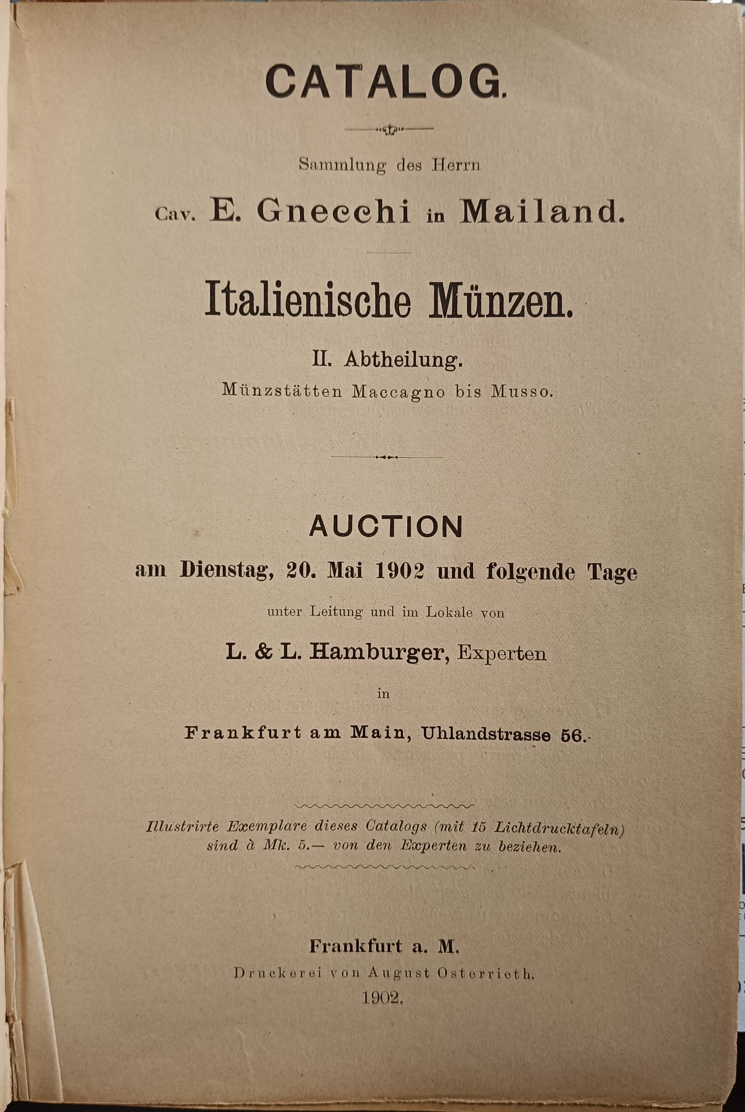 Hamburger L. & L. - Francoforte, 1902-1903. Catalog - Sammlung Des Herrn Cav. E. Gnecchi in Maila...