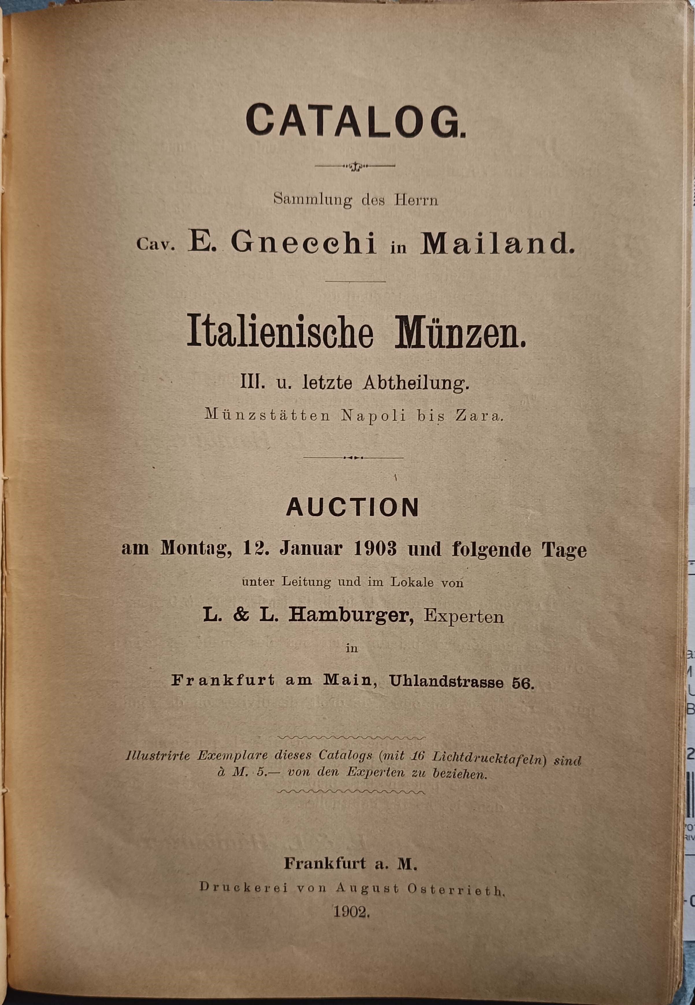 Hamburger L. & L. - Francoforte, 1902-1903. Catalog - Sammlung Des Herrn Cav. E. Gnecchi in Maila...