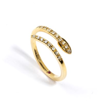 Anello a serpente, in oro giallo 18k e diamanti taglio brillante