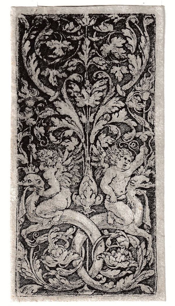 Ornamento con due amorini che cavalcano delfini