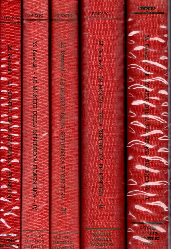 BERNOCCHI Mario -  Le Monete della Repubblica Fiorentina. Firenze, 1974-1985, 5 volumi completo: Vol. I Il libro della Zecca (1252-1533), pp cxxiv -536, Vol. II  Corpus Nummorum Florentinorum, pp xl - 644. Vol III,  Documentazione, pp xii - 332. Vol IV. V