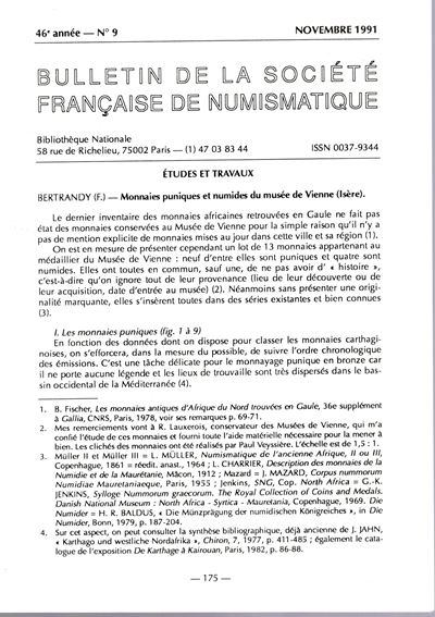 Bertrand F., Monnaies puniques et Numides du Musée de Vienne, Paris 1991