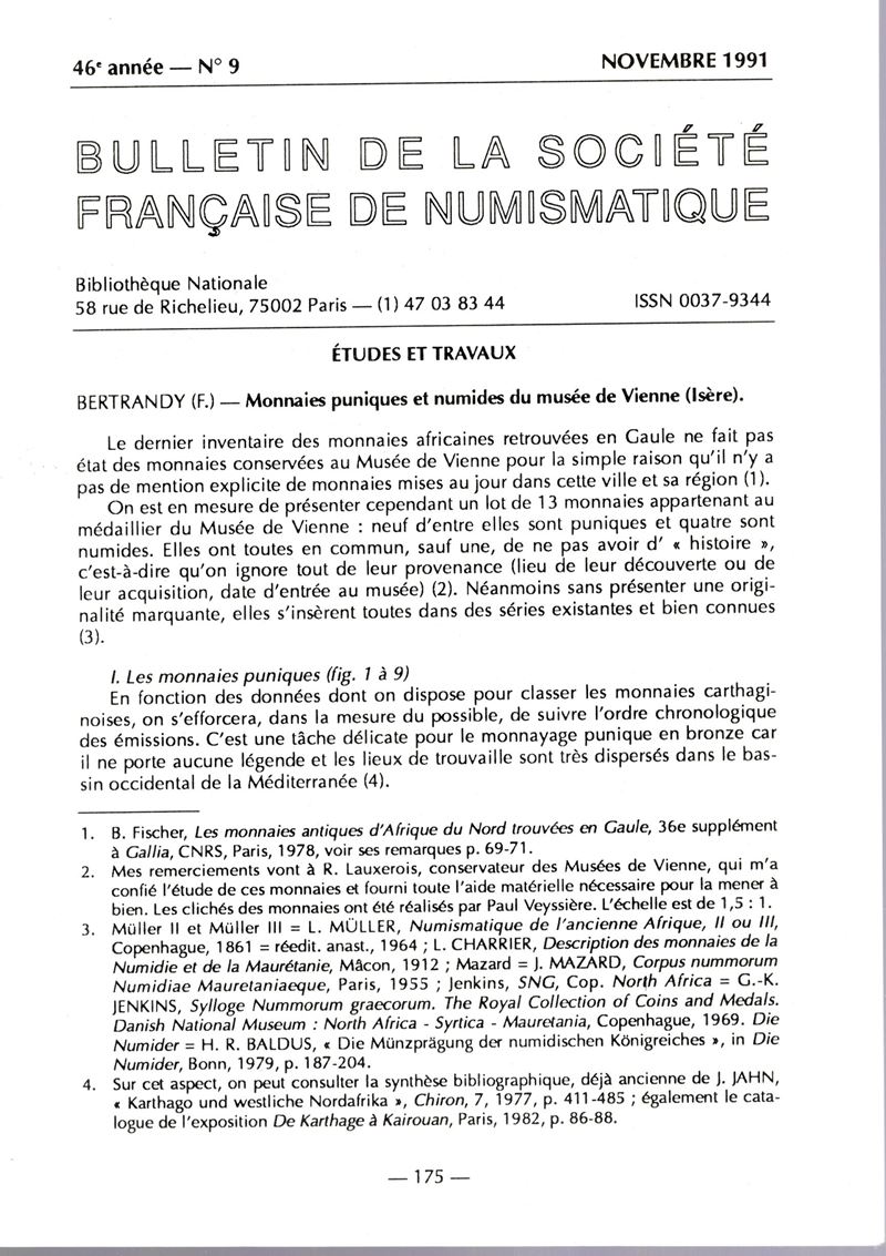 Bertrand F., Monnaies puniques et Numides du Musée de Vienne, Paris 1991