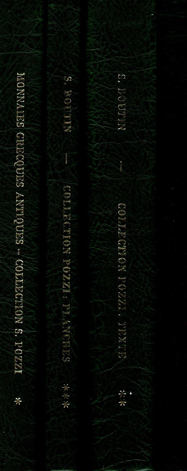 BOUTIN Serge - Catalogue des monnaies grecques antiques de l'ancienne collection Pozzi. Monnaies frappees en Europe. Monaco, 1992. 2 volumi + 1 volume di vendita fatta nel 1920 a  Geneve. Pp xiii - 290 + 4 di monogrammi + 87 di Estimation des monnaies du
