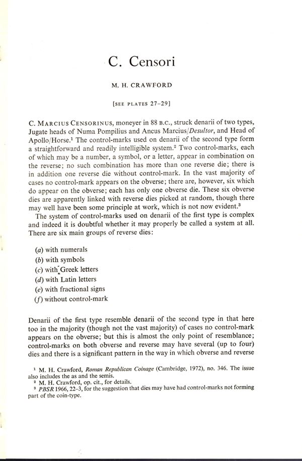CRAWFORD  M. H. - C. CENSORI. London, 1971. pp 143-149, plates 3. Brosura sciolta, ottimo stato, importante lavoro.