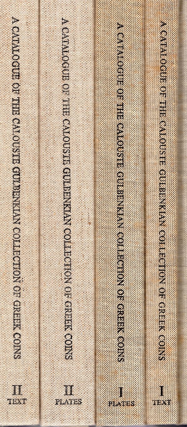 E.S.G. Robinson with  M Castro Hippolito and G.K. Jenkins - A catalogue of the Calouste Gulbenkian   (collection of Greek coins  parte I Italy-Sicily,Carthage  parte II Greece to East)
Lisbona 1971-1989  2 parti in quattro volumi   pag. 136+200  con illus
