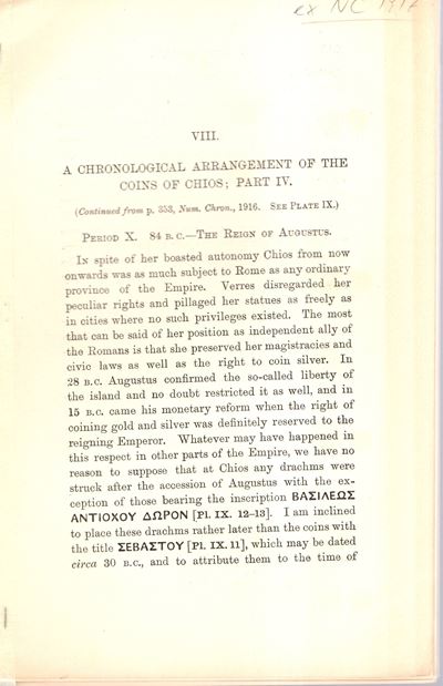 Mavrogordato J., A chronological arrangement of the coins of Chios: Part IV, 1917