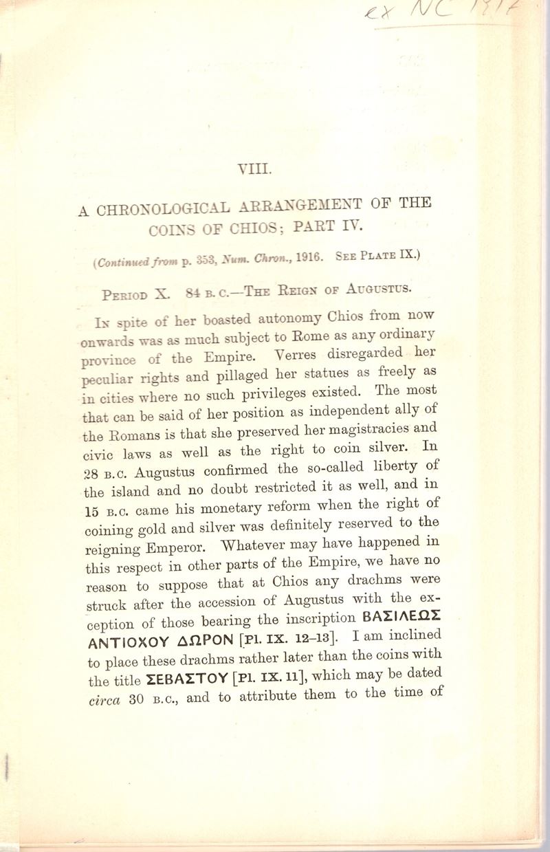Mavrogordato J., A chronological arrangement of the coins of Chios: Part IV, 1917