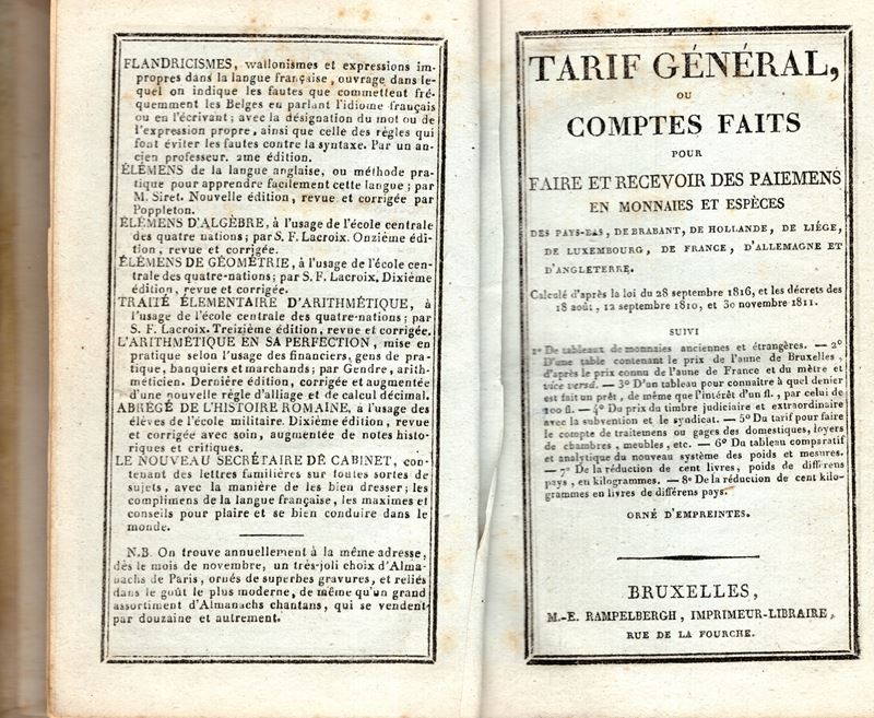 Rampelbergh E., Tarif général ou comptes faits pour faire et recevoir des paiements en monnaies e...