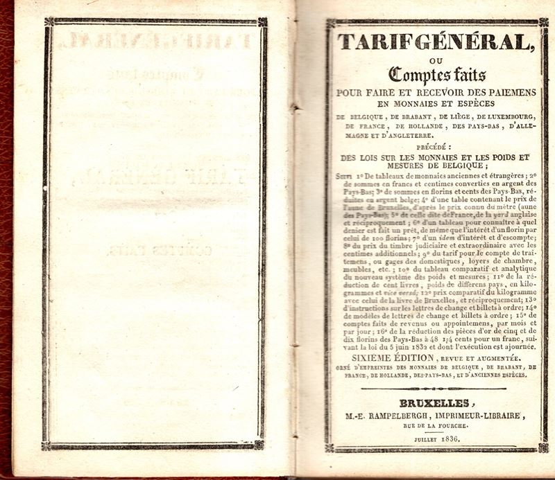 Rampelbergh E., Tarif général ou comptes faits pour faire et recevoir des paiements en monnaies e...