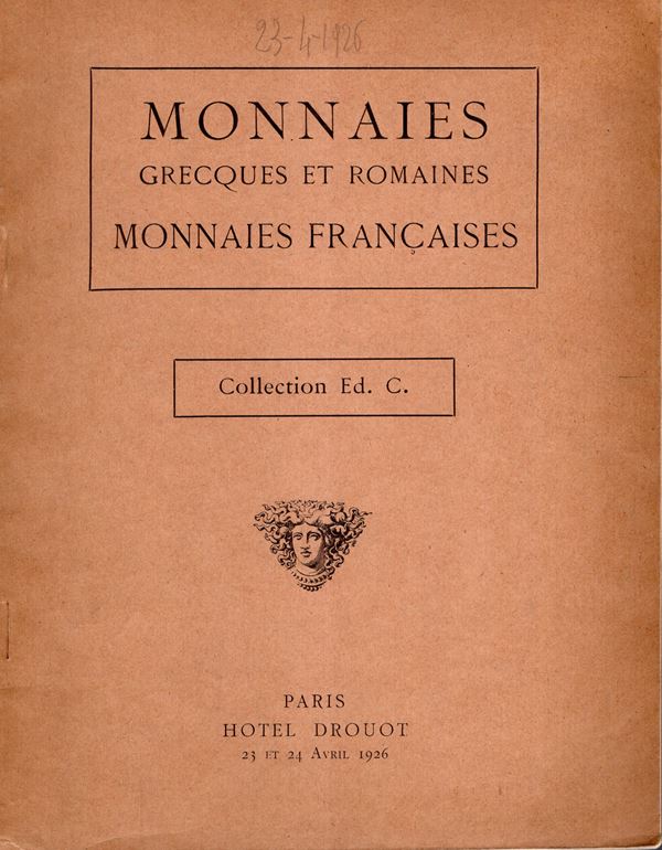 FLORANGE M.J. - CIANI Louis - Paris, 23\24 - april, 1926. Collection Ed. C. ( Couturier)  Monnaies grecques et romaines. Monnaies francaise. Pp 36, lots 670, plates 8. Legatura ed, interno ottimo stato, raro. Spring, 188