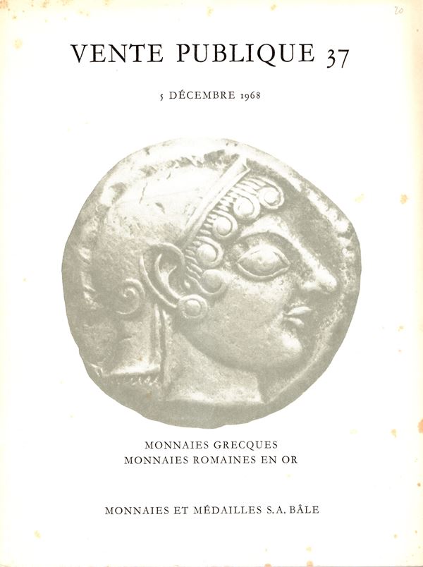 MUNZEN und MEDAILLEN S.A.  – Vente publique 37. Basel, 5 – December, 1968. Monnaies grecques, monnaies romaine en or.  Pp. 42,  lots  351, plates 24. Legatura ed. buono stato, lista prezzi Valutazioni e Aggiudicazioni.  Spring, 461
