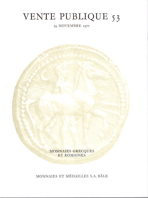 MUNZEN und MEDAILLEN S.A.  – Vente publique 53. Basel, 29 – Novembre, 1977. Monnaies grecques et romaines. Pp. 50, lots 306, plates 24, + 1 a colori. Legatura ed. buono stato, lista prezzi Val. Spring, 468.