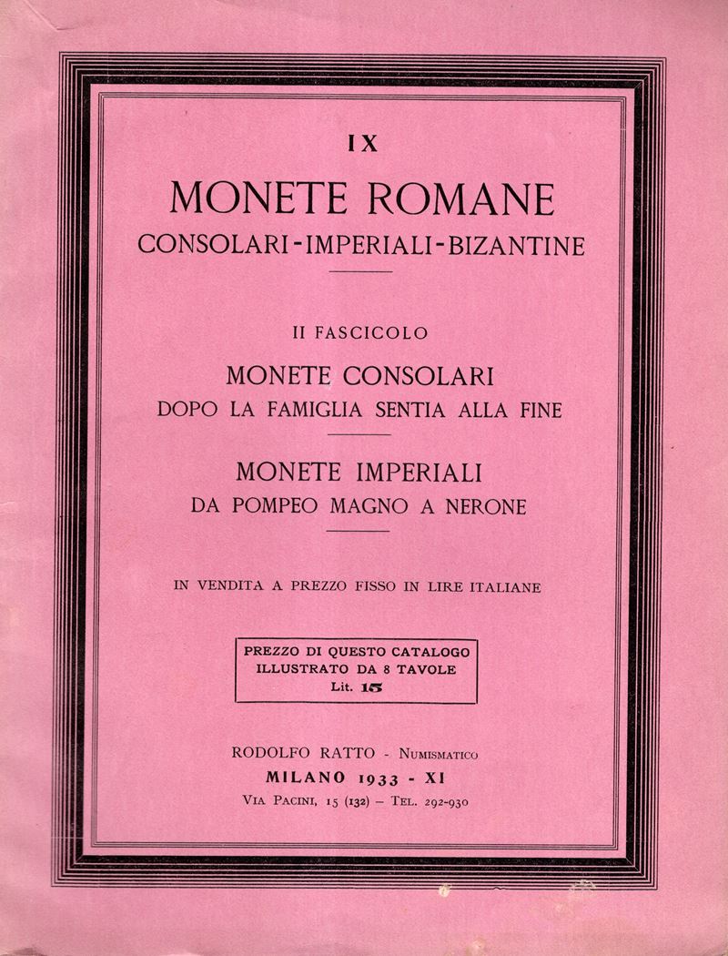 RATTO Rodolfo – Milano, 1933. Listino a prezzi fissi N IX. Monete romane consolari, imperiali. II...