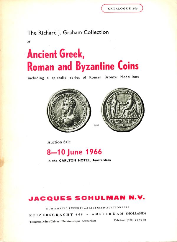 SCHULMAN Jacques - Amsterdam - 8\10 - June, 1966. The Richard J. Graham ( Paul Tinchant) pseudonym. Ancient Greek, Roman and Byzantine coins including a splendid series of roman bronze medaillon. pp 150, lots 1001 - 2541, plates 40. Legatura ed. buono sta