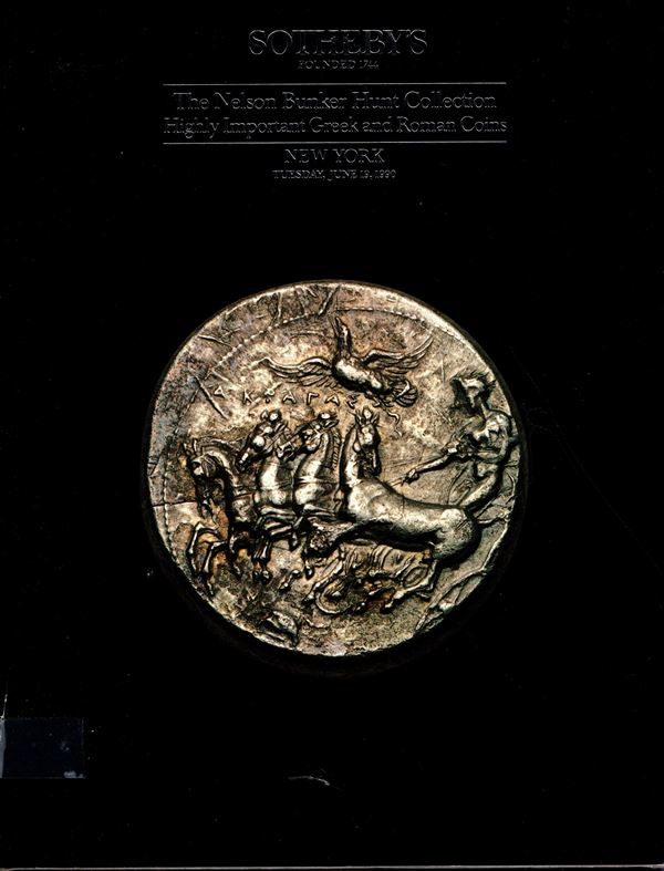 SOTHEBY’S.- New York, 19 – June, 1990. The Nelson Buncker Hunt collection I parts.  Highly important Greek and Roman coins.  Pp. non .numerate, lots 55 – 164, illustrazioni e plates a colori e b\n. Legatura ed. sovracoperta sciupata, interno ottimo stato.
