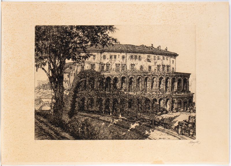 Dante Broglio - Veduta di Teatro di Marcello a Roma, acquaforte