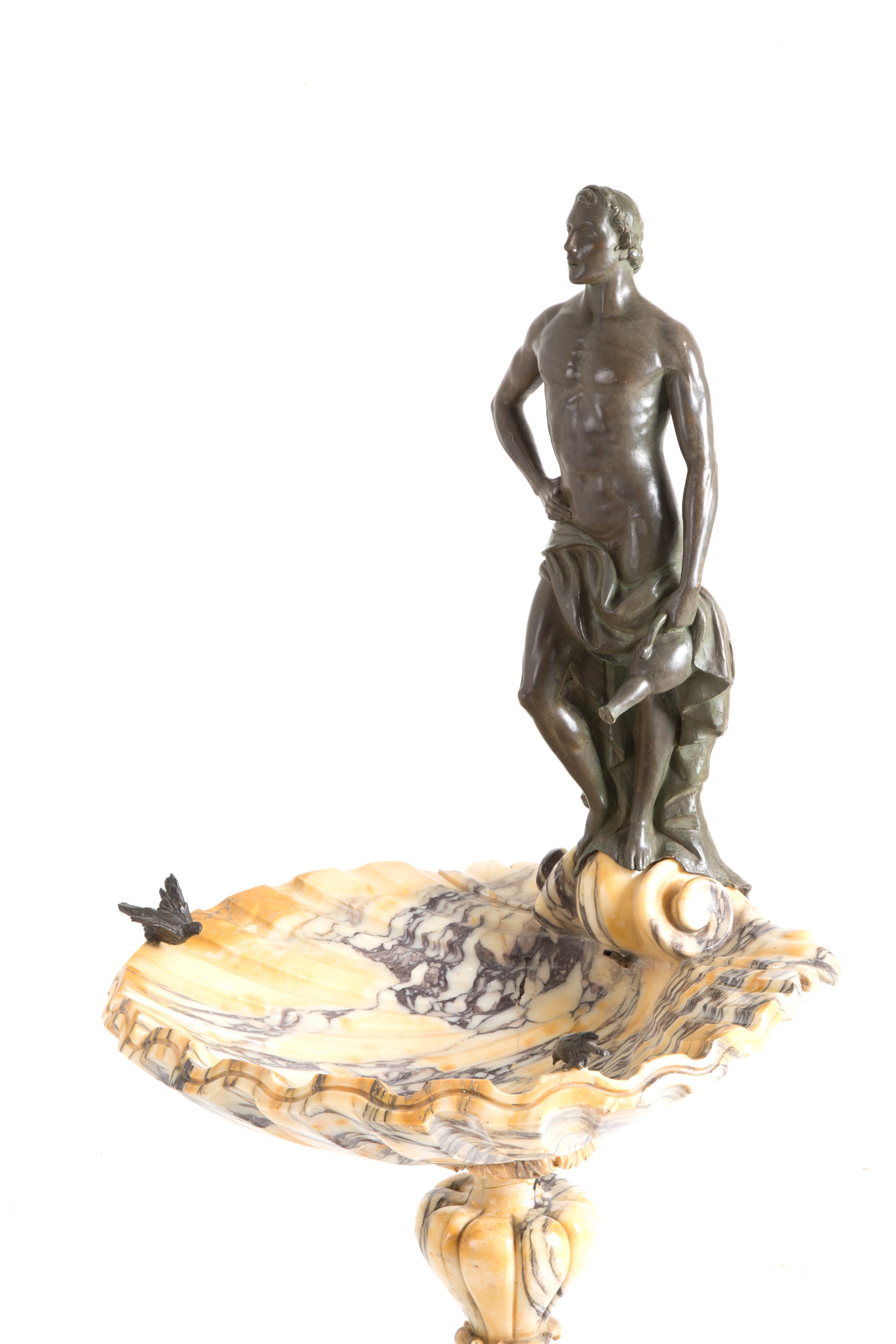 Coppia di vasche in marmo giallo venato con sculture in bronzo, XIX secolo
