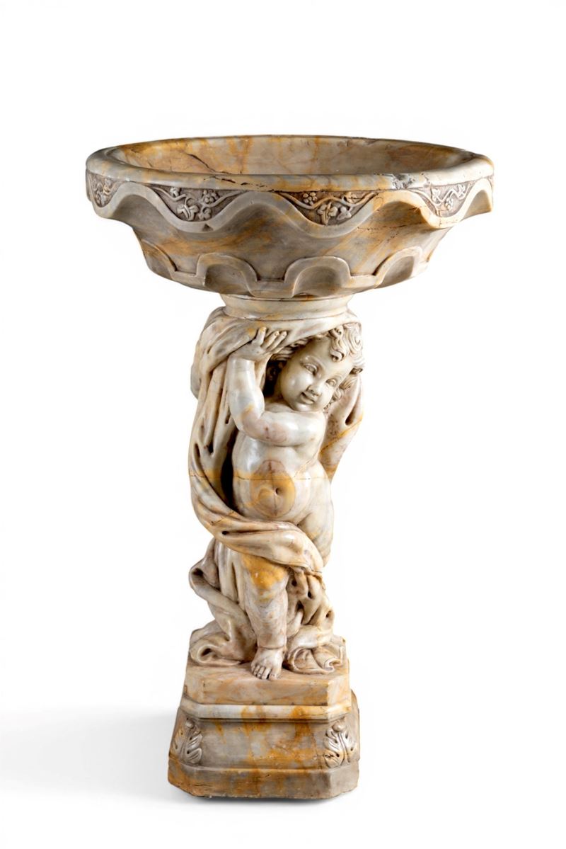 Vasca sorretta da putto, marmo giallo Verona, fine XIX secolo