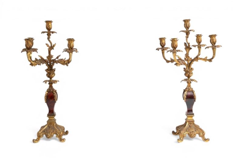 Candelabri, Coppia di candelabri a cinque fiamme in bronzo dorato, XIX secolo