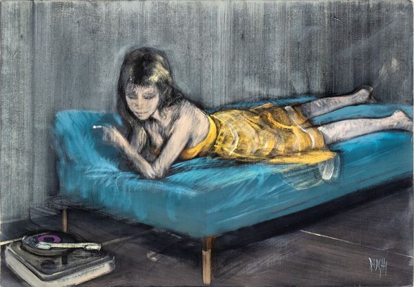 Girl lying down with a cigarette and a record player