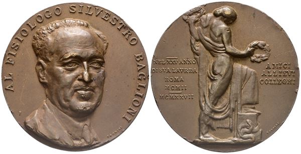 ROMA. Silvestro Baglioni (Fisiologo, 1876-1957). Medaglia, 1927. Per i 25 anni dalla laurea, dagli amici, allievi e colleghi. Opus: G. Tonnini. Ae (73,89 g; 50 mm). L. Belloni, “Medagliere”,. Colpetti. Rara. qSPL