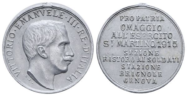 SAVOIA. Vittorio Emanuale III (1900-1946). Medaglia portativa, 1915. Ai militari impiegati nelle operazioni militari: stazione di Brignole, Genova. Opus: anonimo. Metallo bianco (0,64 g; 18 mm). Appiccagnolo rimosso. Molto rara. SPL