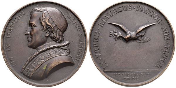 STATO PONTIFICIO. Pio IX (Giovanni Maria Mastai Ferretti, 1846-1878). Medaglia straordinaria, 1850. Per il ritorno a Roma del Pontefice. Opus: R. Gayrard. Ae (92,59 g; 59,7 mm). Bartolotti IV, 25. Colpetto sul bordo. qSPL