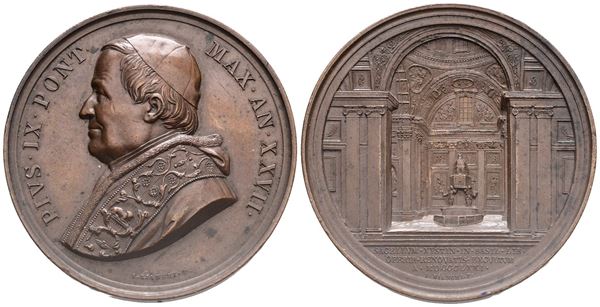 STATO PONTIFICIO. Pio IX (Giovanni Maria Mastai Ferretti, 1846-1878). Medaglia a. XXVII, 1872. Per il restauro della Cappella Sistina in S. Maria Maggiore. Opus: G. Bianchi. Ae (36,76 g; 43 mm). Bartolotti E872. Rara. SPL