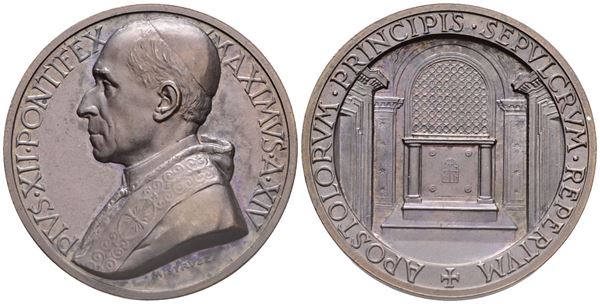 VATICANO. Pio XII (Eugenio Pacelli, 1939-1958). Medaglia a. XIV, 1952. Per il ritrovamento della Tomba di San Pietro. Opus: A. Mistruzzi. Ae (32,73 g; 44 mm). Bartolotti E952. qFDC