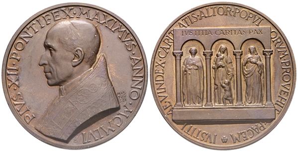 VATICANO. Pio XII (Eugenio Pacelli, 1939-1958). Medaglia straordinaria, 1956. Per l'ottantesimo compleanno del Pontefice. Opus: A. Mistruzzi. Ae (37,39 g; 44 mm). Cusumano Modesti 242. qFDC