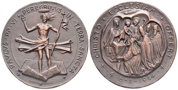 VATICANO. Paolo VI (Giovanni Battista Montini, 1963-1978). Medaglia straordinaria, 1964. Per il pellegrinaggio del Pontefice in Terra Santa. Opus: G. Pirrone. Ae (34,55 g; 43 mm). Macri-Marinelli 73. qFDC