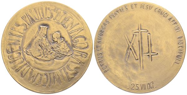 VATICANO. Paolo VI (Giovanni Battista Montini, 1963-1978). Medaglia straordinaria, 1967. A ricordo dell'incontro tra Paolo VI e il Patriarca Athenagoras. Opus: L. Scorzelli. Ae (36,77 g; 44 mm). De Luca 388. Molto rara. qFDC