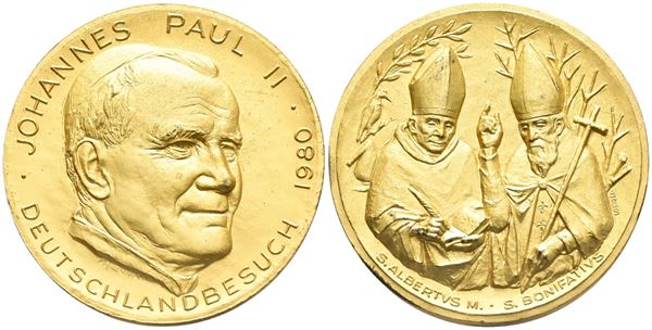 VATICANO. Giovanni Paolo II (Karol Wojtyła, 1978-2005). Medaglia straordinaria, 1980. Per la visita del Papa in Germania. Opus: S. Locatelli. Ae dorato (58,02 g; 50 mm). qFDC