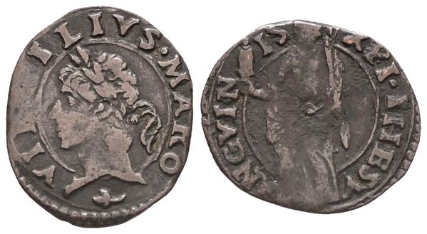 MANTOVA. Federico II Gonzaga (1519-1540), figlio d'Isabella d'Este. Sesino. Mi (1,04 g; 16 mm). VIRGILIVS MARO, testa laureata a s., R/ Santa Caterina con la pisside. MIR 477. Non comune. BB
