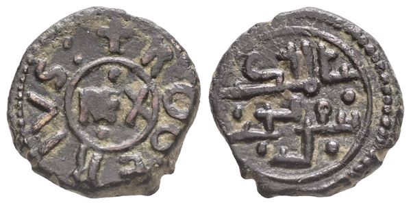 MESSINA. REGNO DI SICILIA. Tancredi e Ruggero III (1191-1193). Follaro. Ae (1,75 g; 12,5 mm). MIR 45; Spahr 139. Patina nera lucida. BB+
