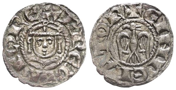 MESSINA. REGNO DI SICILIA. Enrico VI (1194-1197), con Federico II. Denaro, circa 1196. Mi (0,74 g; 15,5 mm). Busto frontale di Federico bambino. MIR 58; Spahr 32. Raro di questa qualità. Bel ritratto, SPL