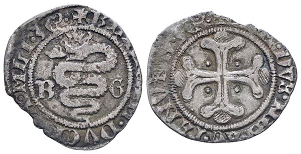MILANO. Galeazzo Maria Sforza e Bianca Maria Visconti (1466-1468). Sesino. Mi (0,99 g; 18 mm). Biscia tra B G. R/ Croce gigliata accantonata da quattro globetti. Crippa 3; MIR 196. Non comune. BB