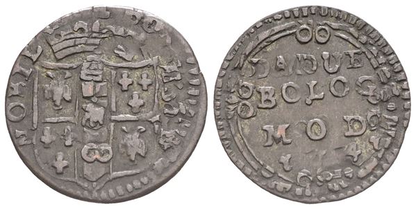 MODENA. Francesco III d'Este (1737-1780). Da 2 Bolognini, 1741. Mi (1,16 g; 18 mm). MIR 850/2. Tracce di ribattitura. qSPL