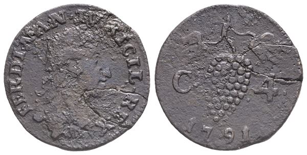 NAPOLI. REGNO DI NAPOLI. Ferdinando IV di Borbone (1759-1799, I per.). 4 Cavalli, 1791. Cu (2,03 g; 18 mm). Pannuti-Riccio 140; MIR 406/4. Non comune. Spicchio reinsaccato in passato. Ciononostante, MB
