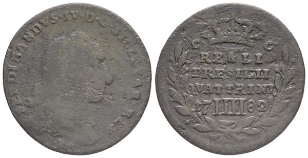 NAPOLI. REGNO DI NAPOLI, PER I REALI PRESIDI DI TOSCANA. ORBETELLO. Ferdinando IV di Borbone (1759-1799, I per.). 4 Quattrini, 1 Baiocco, 1782. Cu (5,65 g; 26 mm). CNI 1; MIR 353/1. qBB